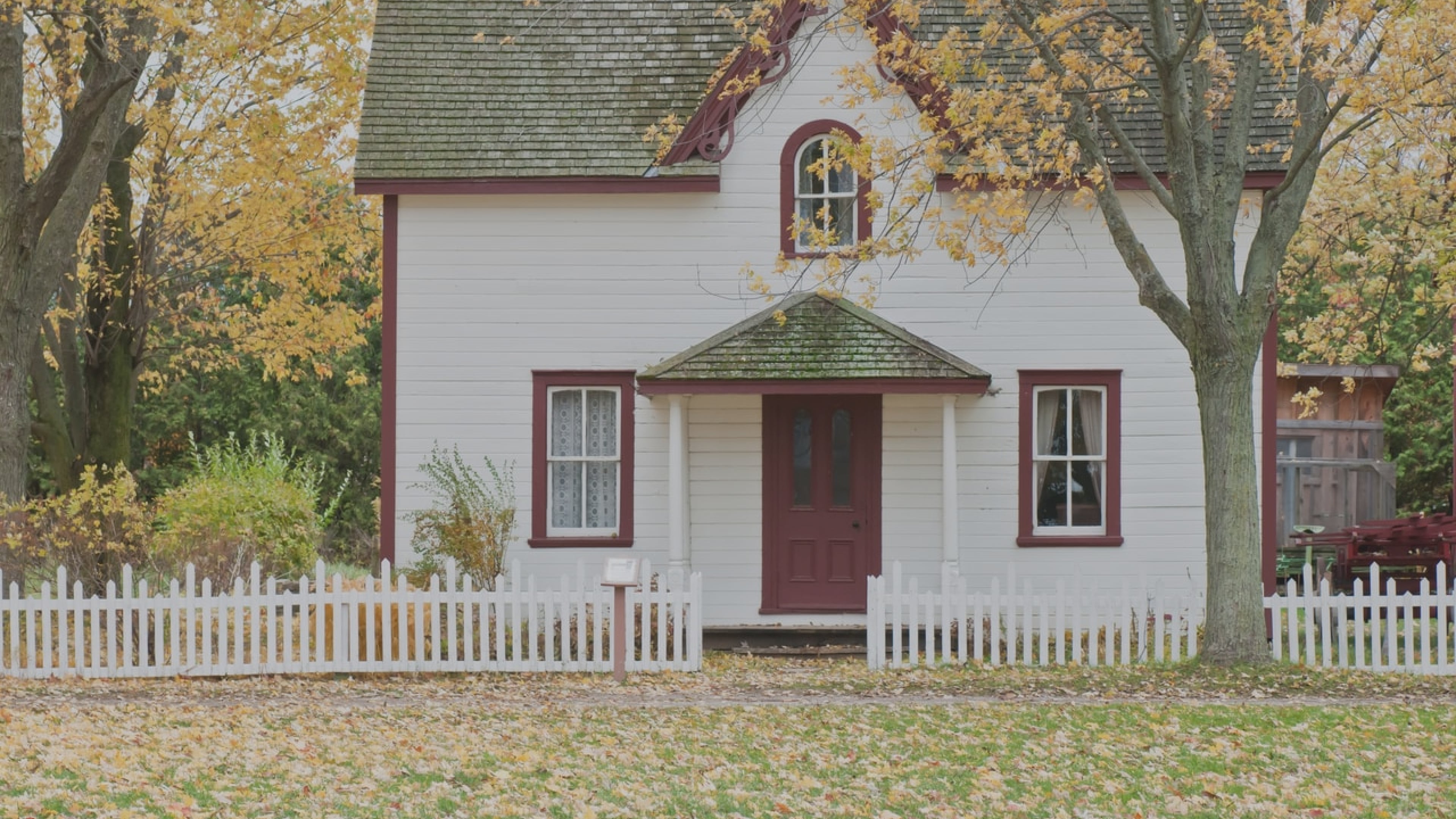 White and red timber house surrounded by a white picket fence and trees losing that are their leaves in the Autumn